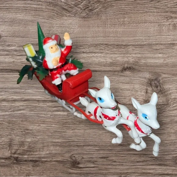 Vtg Kitschy Plastic Santa Sleigh With 2 Reindeer Christmas Blow Mold 8” - Picture 1 of 4